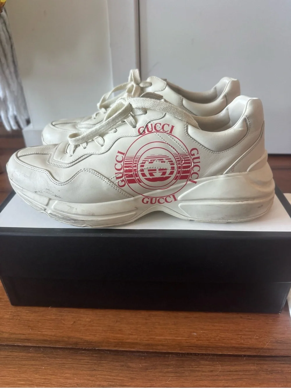 Gucci Men's White Chunky Leather Sneaker with Red Logo